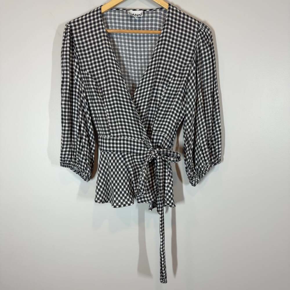 GANNI Black White Gingham Check Wrap Top Blouse Puff Sleeve EU 40 US 8